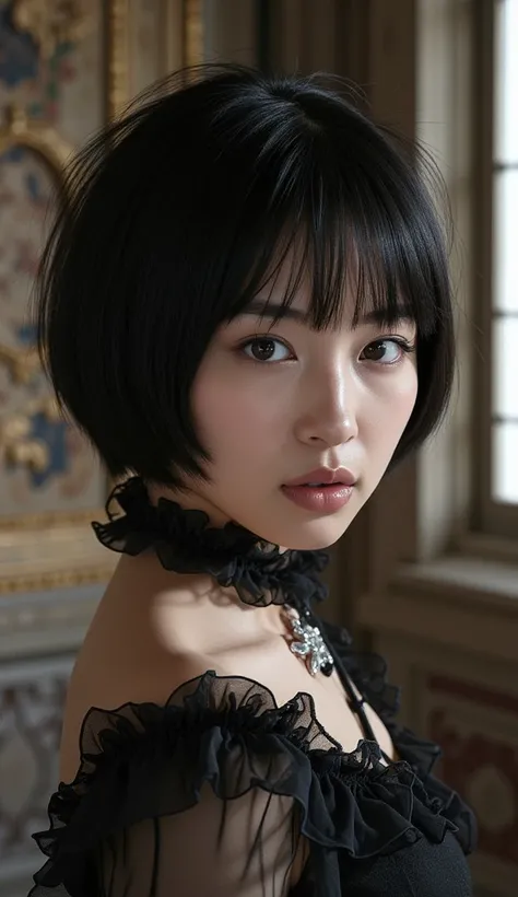  Sadistic Assassin Japanese Sexy Model  、 ((Baby Face))、Delicate body、Narrow shoulders、 skinny、 beautiful 18 year old woman  、 detailed skin、  Jet Blackberry Short Pixie Cut  、Baroque Church  、Lord by Fear 、 Queen of Sadism  、  immerse yourself in the worl...