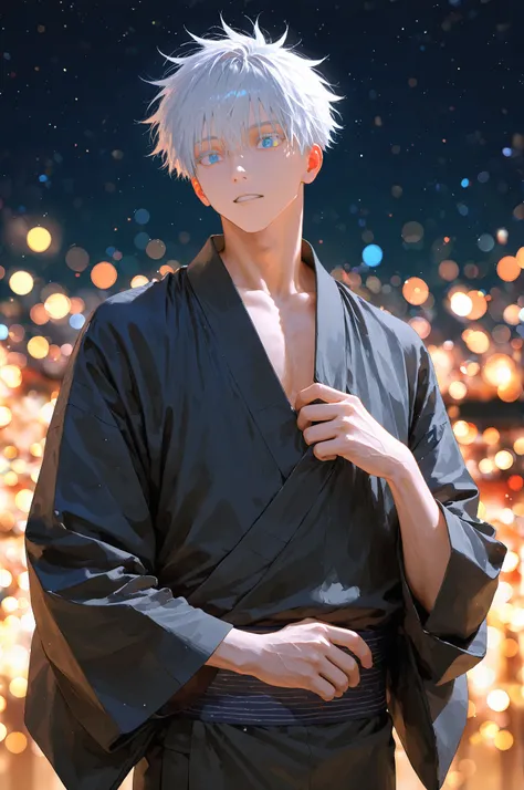 sho \(sho lwlw\), 1boy, solo, male focus, gojou satoru (jujutsu kaisen), sexy man, intricate male kimono, night, stars, bokeh, masterpiece, best quality, amazing quality, very aesthetic, absurdres, modern, recent, newest