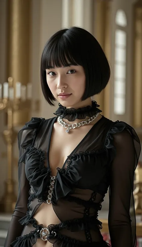  Sadistic Assassin Japanese Sexy Model  、 ((Baby Face))、Delicate body、Narrow shoulders、 skinny、 beautiful 18 year old woman  、 detailed skin、  Jet Blackberry Short Pixie Cut  、Baroque Church  、Lord by Fear 、 Queen of Sadism  、  immerse yourself in the worl...