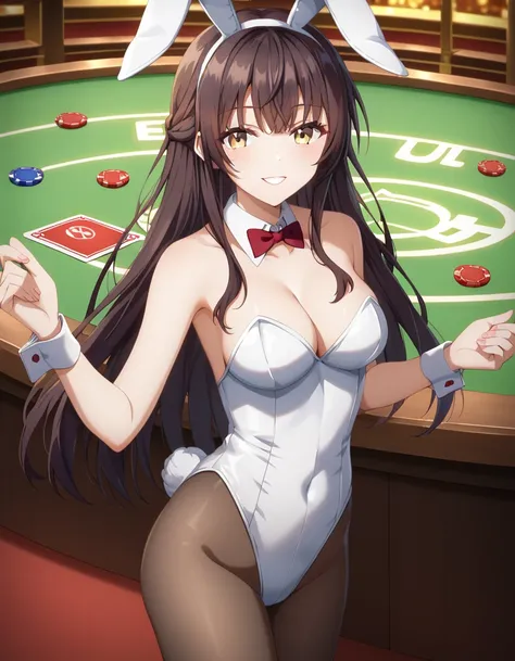  long hair, bangs, alone,  brown hair,     black hair,   çµç¹  ,     half up, medium bust, Chest,smile,,  green ,casinoで顧客対応,throw,  In Front of the Game Table   ,   Open your hand and choose 1 card,   white playboy bunny  ,   Rabbit Ears, strapless   leot...