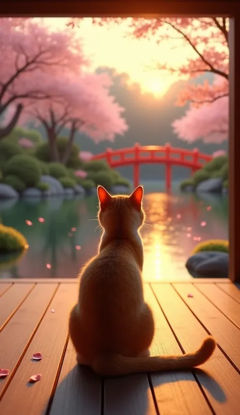 A highly detailed, realistic orange tabby cat sits in the center of a wooden engawa (veranda), facing the completed Japanese garden. The camera captures the scene from directly behind the cat, offering a wide-angle view of the tranquil landscape. The koi p...