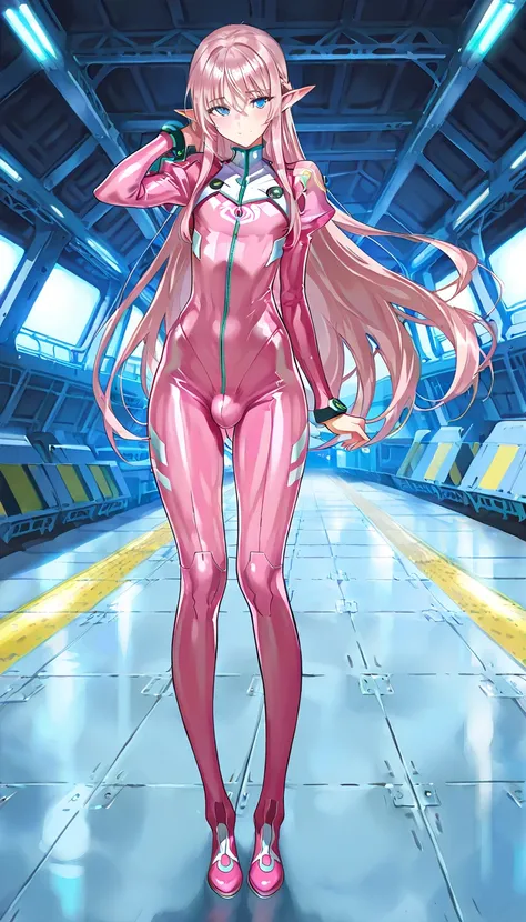 masterpiece, anime, pacecraft_interior(((hangar))), elf, 1 boy, 17yeas old, otoko no ko, pink_hair, straight_longhair, turquoise_eyes, girly, curvy, crossdressing, pink pilotsuit, bulge, a giant robot in background, looking at viewer, fullbody