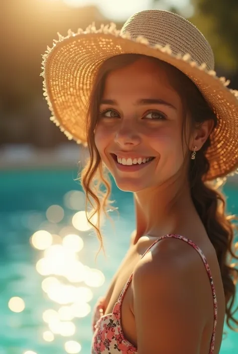 A close-up of the poolside captures a warm glow, with a girl in the background adding a touch of charm to the scene. She's wearing a straw hat, embodying the essence of summer. The scene is bathed in sunlight, creating a relaxed and inviting atmosphere, wi...