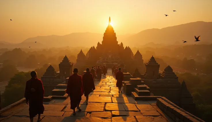 A breathtaking sunrise over an ancient sacred temple, bathed in golden hues. The temple, a centuries-old architectural masterpiece with intricate carvings and towering spires, stands against a backdrop of mist-covered mountains. The rising sun casts long s...