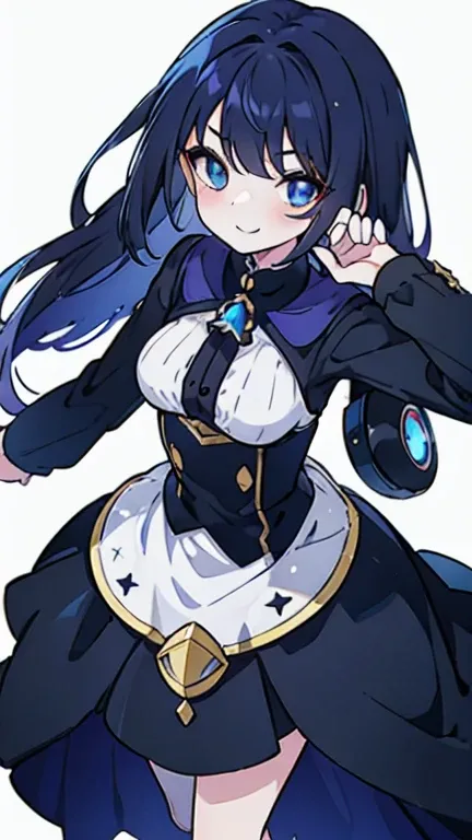 Masterpiece, best quality,1girl, full body,solo,(simple background,white background:1.5),standing strait,1 GIRL, DARK BLUE LONG TWIN TAIL HAIR, GOLDEN EYE, Elegant yet playful gothic dress mysterious yet lively charm expression is confident and mischievous...