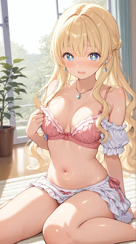  top quality、  Hi-Res,  Masterpiece,  anatomically correct,  high detail to reduce breasts,  textured skin,  one girl ,  normal breasts、 embarrassed look:1.2、 open your mouth、 sky blue eyes,  indoor, shiny light yellow hair, Hairstyle_ semi-long wavy hair,...