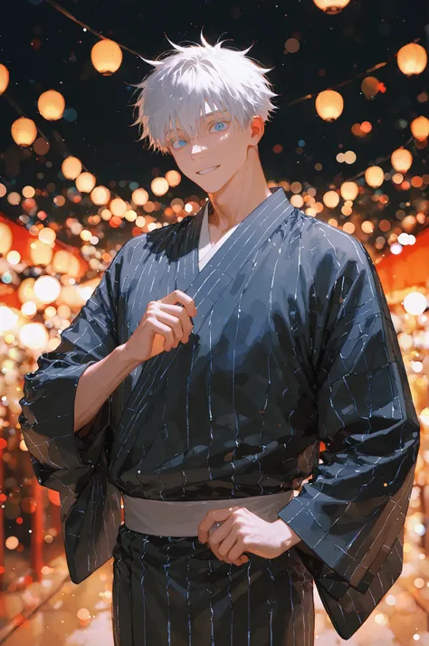 (ciloranko), 1boy, solo, male focus, gojou satoru (jujutsu kaisen), sexy man, intricate male kimono, night, stars, bokeh, masterpiece, best quality, amazing quality, very aesthetic, absurdres, modern, recent, newest