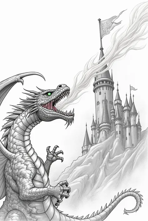 Sketch a dragon blowing fire toward a castle with a flag on top. using pencil 