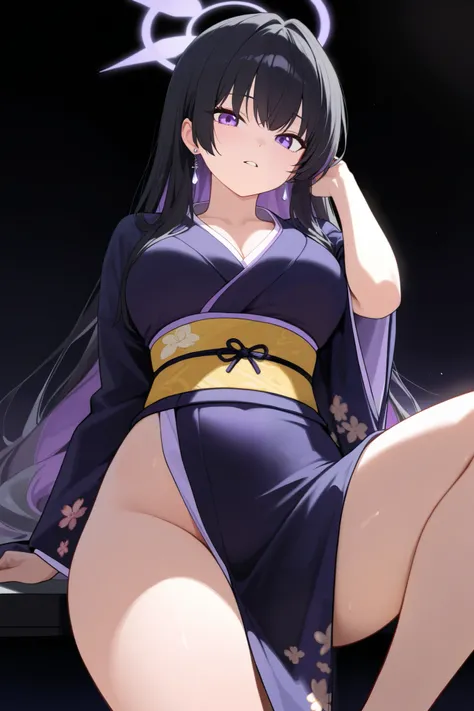 1 girl, Hair length reaches the back, Black hair and purple on the edges of the hair, purple eyes, but not bright, curvy body, wear a sexy kimono outfit, หน้าอกไซส์ปานกลาง, have a purple halo, have a silver earring