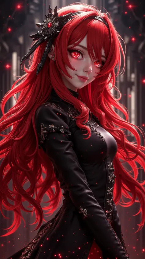  A detailed digital painting ， showing a charming and flowing expression ， Medieval Modern Style Room ， A girl with long red hair {x} inspired by Zero Two in Darling in the Franxx， Fine Detail ，Charming smile， Fantasy Theme ， Red Eye，Sci-fi elements， Abund...