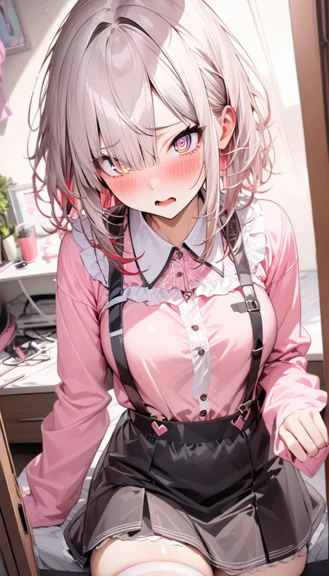 ,,(sleeves past wrists, (pink frilled shirt: 1.3), (suspenders: 1.1), (pink shirt: 1.2), thighhighs, black skirt,,Masterpiece, Best Quality, extremely detailed, intricate, hyper detailed, detailed eyes, (perfect face), (shiny skin, gleaming skin),,my room,...