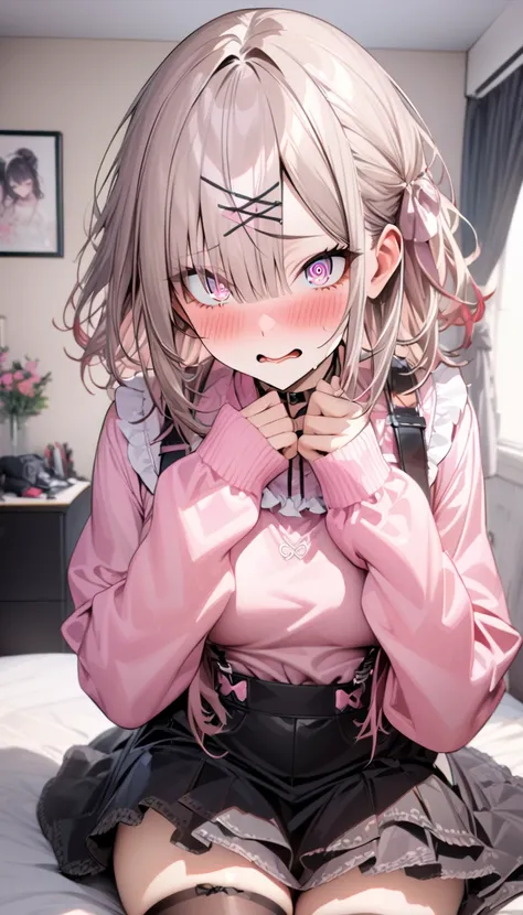 ,,(sleeves past wrists, (pink frilled shirt: 1.3), (suspenders: 1.1), (pink shirt: 1.2), thighhighs, black skirt,,Masterpiece, Best Quality, extremely detailed, intricate, hyper detailed, detailed eyes, (perfect face), (shiny skin, gleaming skin),,my room,...