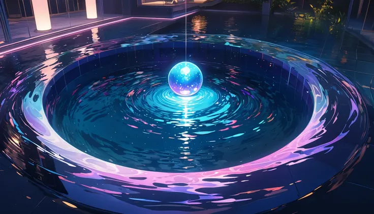 Create an ethereal scene of a large glowing droplet of light floating in the center of a pool, The droplet radiates a soft rainbow-colored glow casting faint light trails that cross the surface of the water, The poolside is dimly lit contrasting sharply wi...