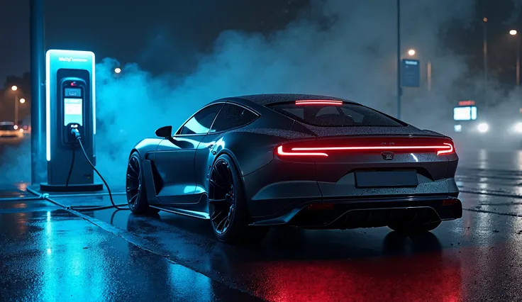 
"A futuristic Ford Mustang Mach-E in a deep black shadow color, parked at a high-tech electric vehicle charging station at night. The car is plugged into a sleek, modern charger with a glowing blue LED interface. The Mustang’s sharp LED headlights and tri...