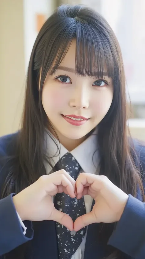  Super Fine、  Upper part of face  、navy blazer,Collared blouse,ribbon tie , I make a heart shape with both hands 、 In the background is a school classroom 、    high image quality、細部にわたって   high image quality, cute high school girl in the bathroom