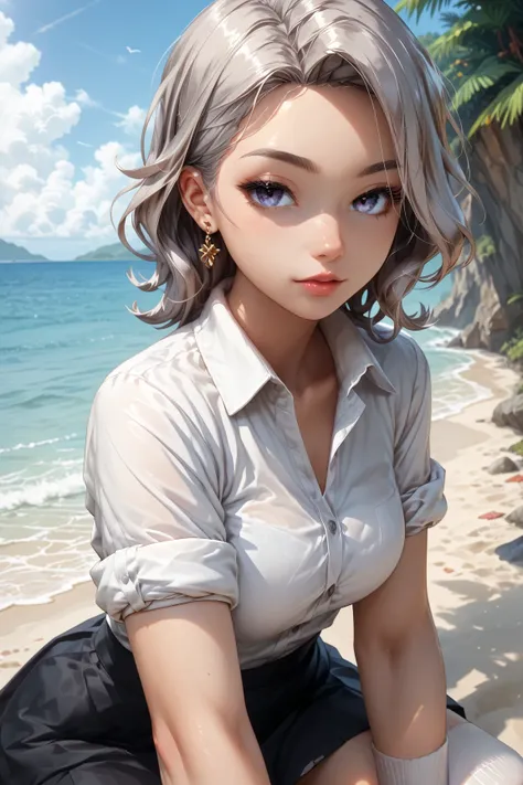 (( masterpiece)), ((  rolled up )), (( highres)), (( extremely detailed CG Unity 8k wallpaper)), Alone,  Tachibana Kanade, ,  black skirt,  white socks , outside, Face, Pre-hung hair ,  beach ,  parted hair , silver hair