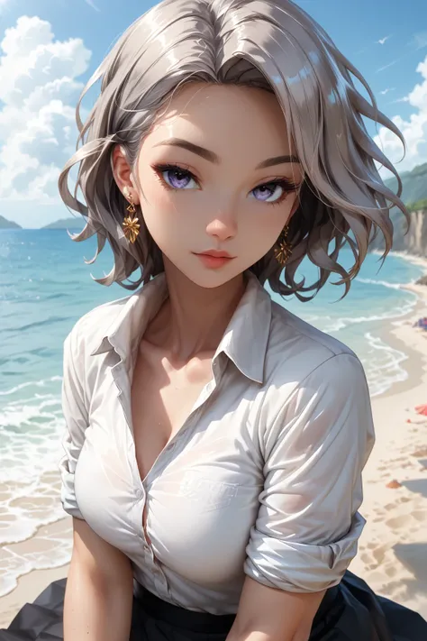 (( masterpiece)), ((  rolled up )), (( highres)), (( extremely detailed CG Unity 8k wallpaper)), Alone,  Tachibana Kanade, ,  black skirt,  white socks , outside, Face, Pre-hung hair ,  beach ,  parted hair , silver hair