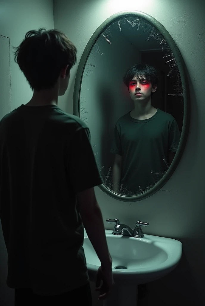 Dim toilet sink 、 young man standing in front of broken mirror、 The messenger from the abyss reflected in the mirror 、 Dark Eyes Are Red Light Looking Into Me 、 The gaze is hollow and looks at me powerfully、Reach out to me 