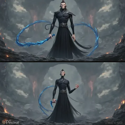 ( masterpiece, top quality:1.2), Game anime characters, alone,beard, Black Robe ,slim。Holding a blue whip in his hand。Kung Fu Action ,flame,cliff,Ominous clouds,Grand scene,Large game scene