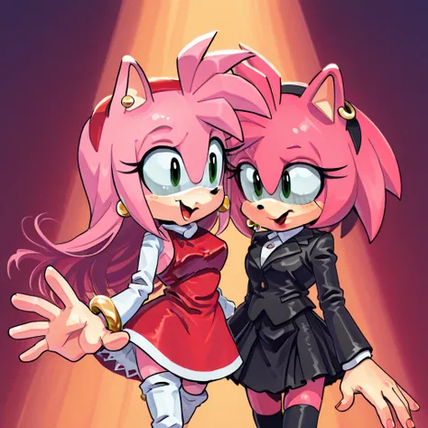 Amy rose, file yamato to kanetsugu - full hd - png 468x288, multiple girls, 2girls, long hair, thighhighs, skirt, jewelry, black skirt, earrings, dress, open mouth, jacket, red hair, long sleeves, black jacket, retro artstyle, red dress fuckwolfamy