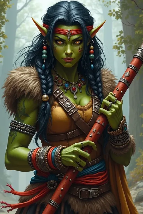 Prompts
D&d style orc woman, khaki green skin, yellow eyes, thick mane of black hair decorated with braids and beads and a bandana, lower lip tusks, septum ring piercing, dressed in furs and leather armour decorated with colourful scarves, carrying a flute