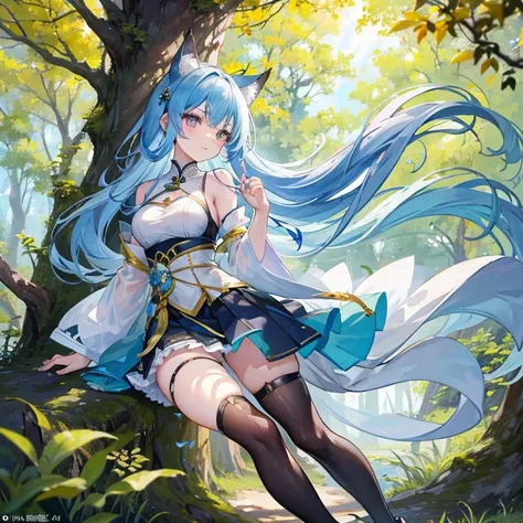   The anime girl in a lightweight witch costume  , She's long ,  flowing hair flying in the wind  ,   leaning against the rough bark of an ancient tree  ,  用Sexy的眼神和挑逗的姿态吸引附近的雇佣兵.  Her whole body showed  ,   showing her delicate, well-tattooed costume  ，  ...