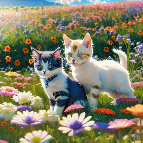 anime Beautiful colorful flower field scenery. Pastel color flower field, mountains, blue sky, white clouds, diverse flowers, colorful, scenery, nature, beautiful, photo of two kittens and a puppy playing in a flower field