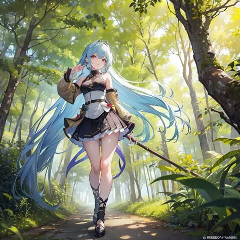   The anime girl in a lightweight witch costume  , She's long ,  flowing hair flying in the wind  ,   leaning against the rough bark of an ancient tree  ,   with sexy {x} Divine and provocative gestures attract nearby mercenaries.  Her whole body showed  ,...