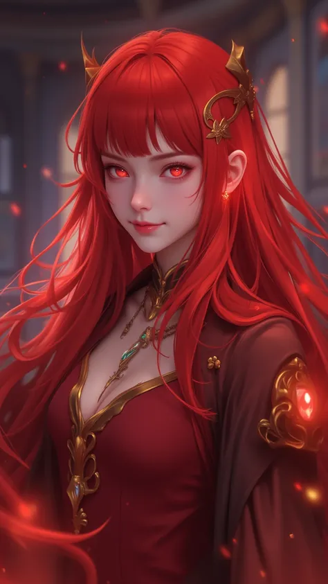  A detailed digital painting ， showing a charming and flowing expression ， Medieval Modern Style Room ， A girl with long red hair {x} inspired by Zero Two in Darling in the Franxx， Fine Detail ，Charming smile， Fantasy Theme ， Red Eye，Sci-fi elements， Abund...