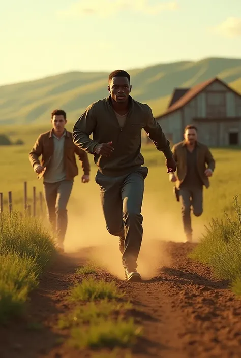 A black guy running in farm, and two white people chasing after him, fanny 3d