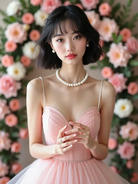 (8k,  photorealistic, Original photo,  best image quality: 1.4), beautiful Japanese idol style girl ,18 years old, model,1 person,( short bob),( black hair), she hangs her hair over her ears , clear gray eyes , long lashes,Cute, well-shaped ears ,(piercing...