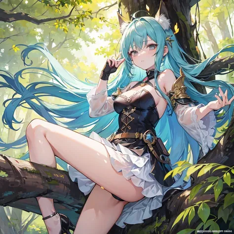   The anime girl in a lightweight witch costume  , She's long ,  flowing hair flying in the wind  ,   leaning against the rough bark of an ancient tree  ,   with sexy {x} Divine and provocative gestures attract nearby mercenaries.  Her whole body showed  ,...