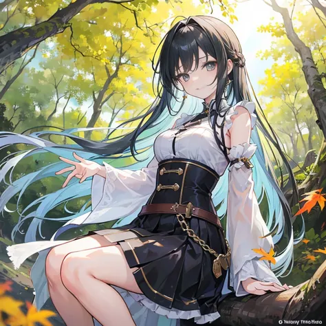   The anime girl in a lightweight witch costume  , She's long ,  flowing hair flying in the wind  ,   leaning against the rough bark of an ancient tree  ,   with sexy {x} Divine and provocative gestures attract nearby mercenaries.  Her whole body showed  ,...