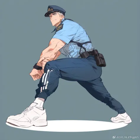 A 24-year-old man policemen, showing off his biceps and abdominal muscles, showing his socked feet, feet close to the camera, Showing me the middle finger:1, long shot:2, low angle correct anatomy, stretching legs to the camera, no cropping, normal pose po...