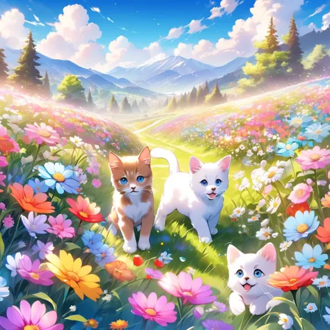 anime Beautiful colorful flower field scenery. Pastel color flower field, mountains, blue sky, white clouds, diverse flowers, colorful, scenery, nature, beautiful, photo of two kittens and a puppy playing in a flower field