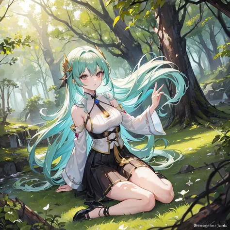   The anime girl in a lightweight witch costume  , She's long ,  flowing hair flying in the wind  ,   leaning against the rough bark of an ancient tree  ,   with sexy {x} Divine and provocative gestures attract nearby mercenaries.  Her whole body showed  ,...