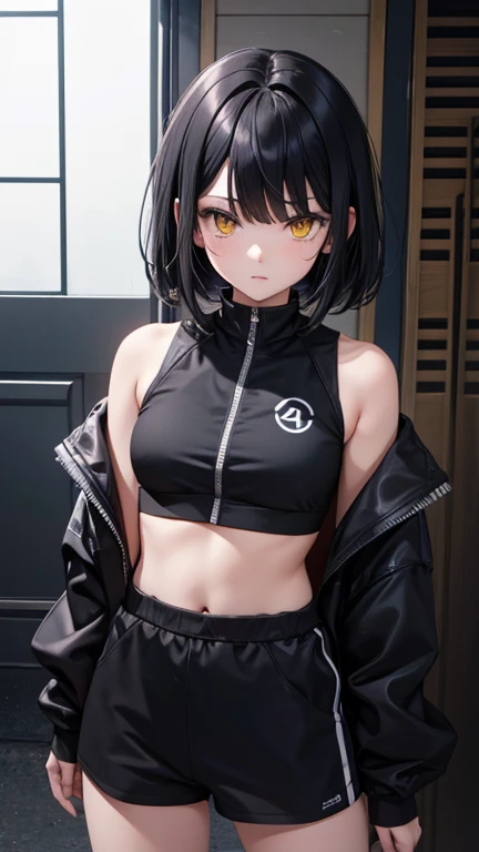   Hi-Res,   boyish,    in the seat,  black hair, Sporty shortcuts,   Asymmetric Hairstyle ,  Asymmetrical bangs,   yellow eyes, Round and round eyes, Eyes with three circles,  Skater Style Street Fashion, slightly oversized bottoms,  are standing, futanari...