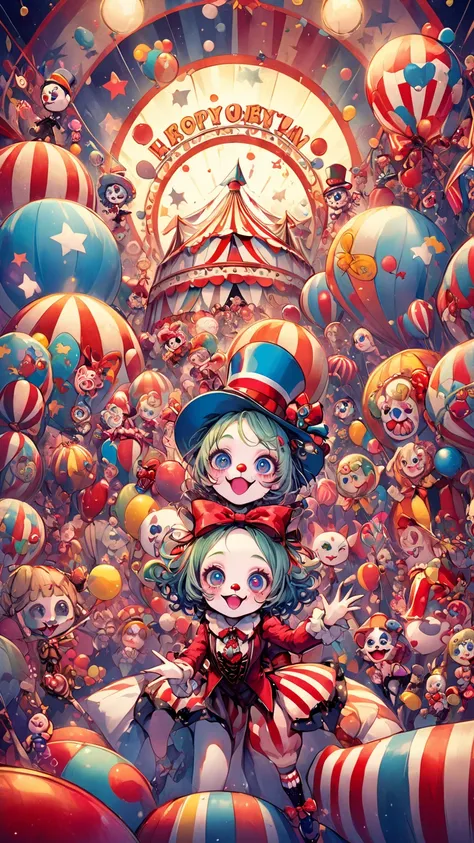    Tim Burton Style、circus clown、wallpaper、kawaii、 dynamic composition、Lively decorations、