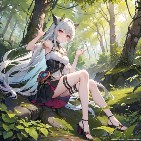   The anime girl in a lightweight witch costume  , She's long ,  flowing hair flying in the wind  ,   leaning against the rough bark of an ancient tree  ,   with sexy {x} Divine and provocative gestures attract nearby mercenaries.  Her whole body showed  ,...