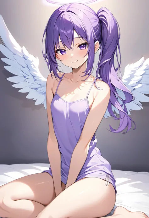   one girl、 Purple Hair、Purple Eyes、I'm wearing a camisole 、 small breasts、Side ponytail、 armpits、  Angel Wings、 to have a bright smile 、Young appearance、Good physique 、  he's short、Seductive sexy thighs 