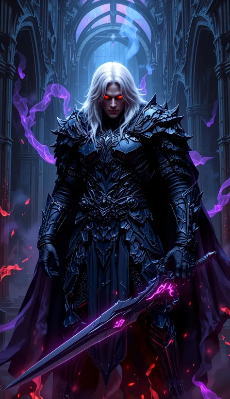 A powerful and menacing dark knight standing in a grand, gothic cathedral with high arches dark castle. The knight wears intricately detailed black armor with black accents, adorned with sharp, ornate designs. His long white hair flows dramatically, and hi...