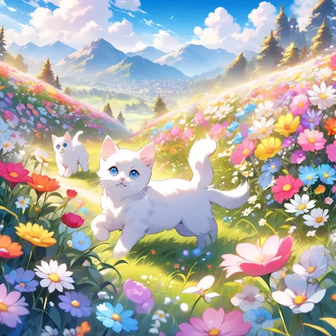 anime Beautiful colorful flower field scenery. Pastel color flower field, mountains, blue sky, white clouds, diverse flowers, colorful, scenery, nature, beautiful, photo of two kittens and a puppy playing in a flower field