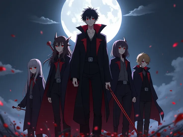 famille demoniaque adulte 18 ans de l'anime the eminence in shadow.

ces un group de combattant demoniaque cape noir et rouge motif dragons.
cheveux ecarlate yeux ecarlate stylé artificiel 
regard demoniaque ont des griffe et epée tranchant 
sont au sommet...