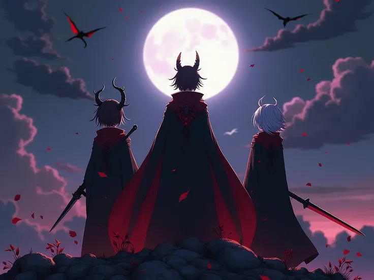 famille demoniaque adulte 18 ans de l'anime the eminence in shadow.

ces un group de combattant demoniaque cape noir et rouge motif dragons.
cheveux ecarlate yeux ecarlate stylé artificiel 
regard demoniaque ont des griffe et epée tranchant 
sont au sommet...