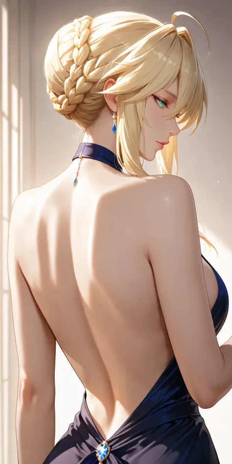 Masterpiece, very aesthetic, vibrant, high contrast, elegant mature woman, artoria pendragon (lancer) (fate), upper body, curvaceous, bare back dress, seductive, soft light, best quality, semrealistic, honkai: star rail cg style