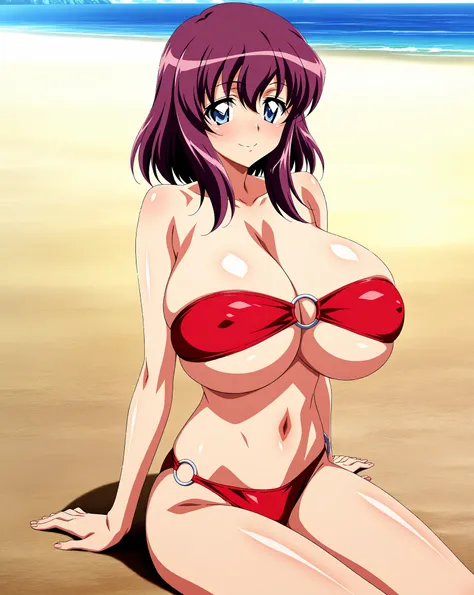 score_9, score_8_up, score_7_up, source_anime, anime coloring, anime screencap, 1 girl, alone, Henrietta de Tristain (zero no tsukaima), purple hair, medium hair, blue eyes, loving smile, white beautiful skin, gigantic breasts, cleavage, sitting on sand, l...