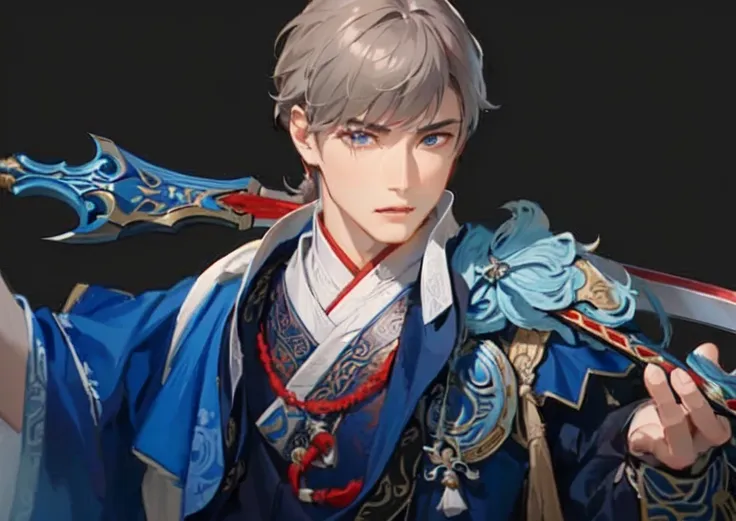  Image of a man in a blue robe holding a sword,  heise jinyao, Zhao Yun, inspired by Zhao Yuan, Cai Xukun, far away, Herói Xianxia,  inspired by Wuzhun Shifan ,  inspired by Emperor Xuande , inspired by Zhang Han, inspired by Zhang Wo ,  inspired by Hong R...