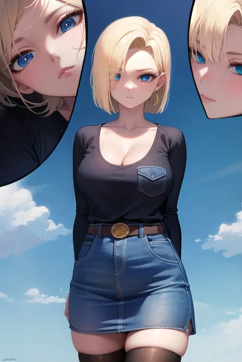 android18, android 18, blonde hair, blue eyes, eyelashes, hoop earrings, short hair, earrings,
BREAK belt, black legwear, black shirt, breast pocket, cleavage, collarbone, denim, denim skirt, high-waist skirt, jewelry, long sleeves, pocket, shirt, shirt tu...