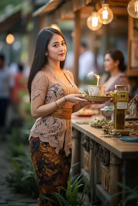 A beautiful Indonesian woman selling coffee is seen in the photo of the masterpiece. The woman is beautiful, cute, graceful and sporty. He wore a tight short javanese kebaya slightly open kebaya over a light brown bottom white. It has a beautiful and femin...