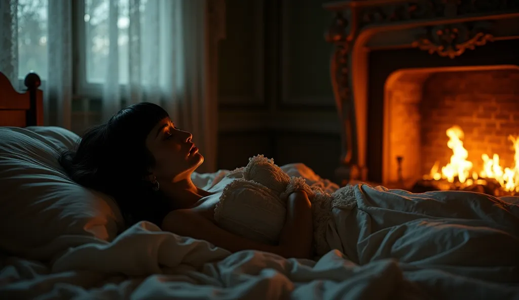 A dimly lit, vintage-style bedroom bathed in the warm glow of a crackling fireplace. The flames cast flickering shadows across the room, illuminating a pale-skinned woman with jet black hair and sharp bangs as she lies on the bed, surrounded by rich satin ...